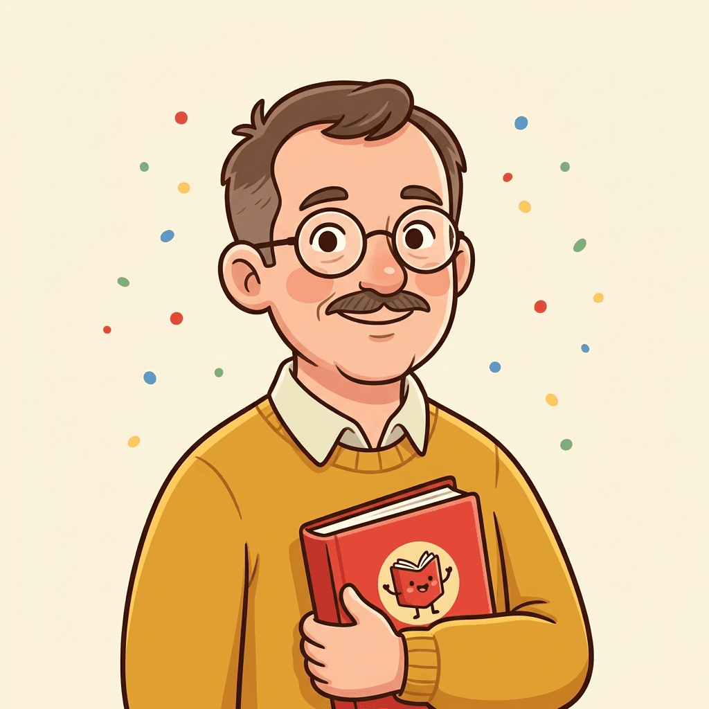 Illustrated portrait of author and illustrator Billy J. McCullough holding one of his Mr Books titles