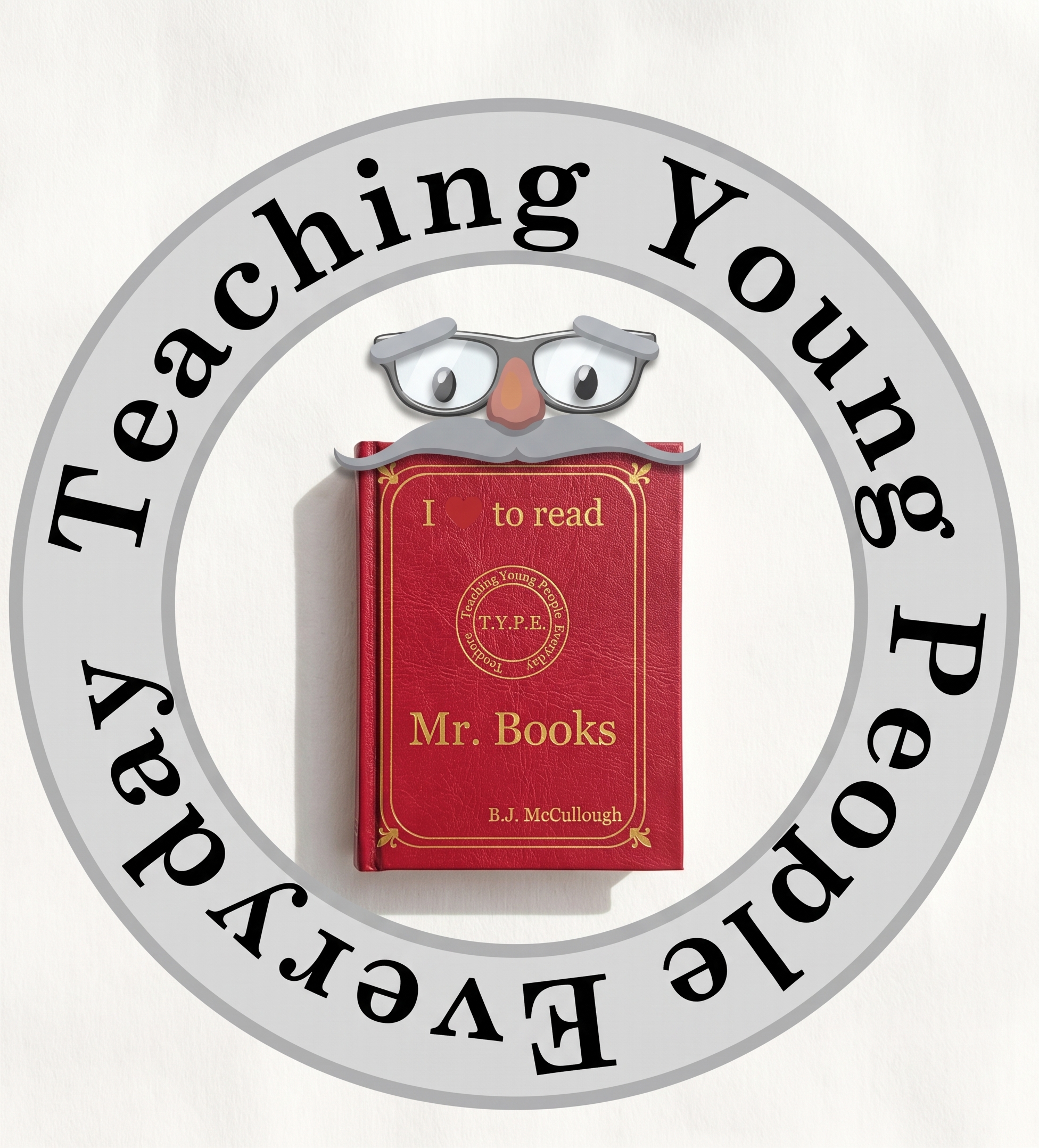 Mr Books emblem — the red book mascot with glasses and mustache inside the Teaching Young People Everyday ring